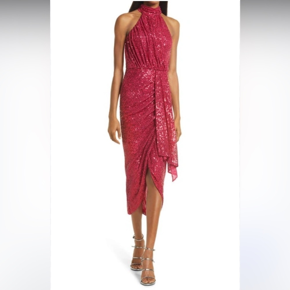 Saylor Shana Asymmetrical Sequin Midi Dress Stretch Pink Small